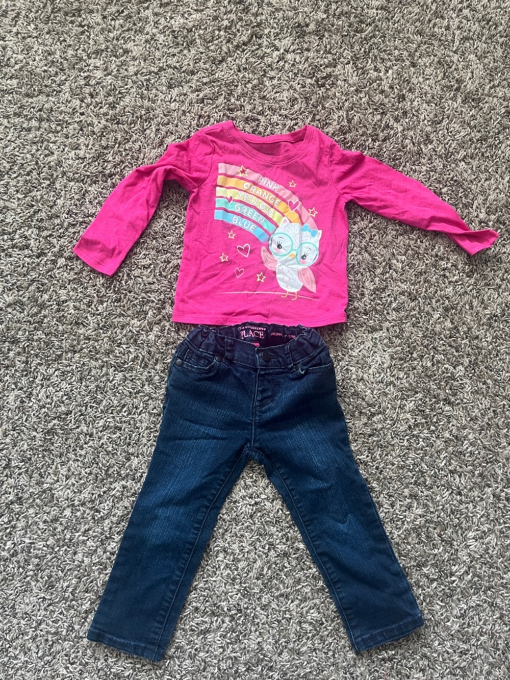 The Children's Place Pink Owl Rainbow Graphic Top & Dark Blue Jeans Matching Set